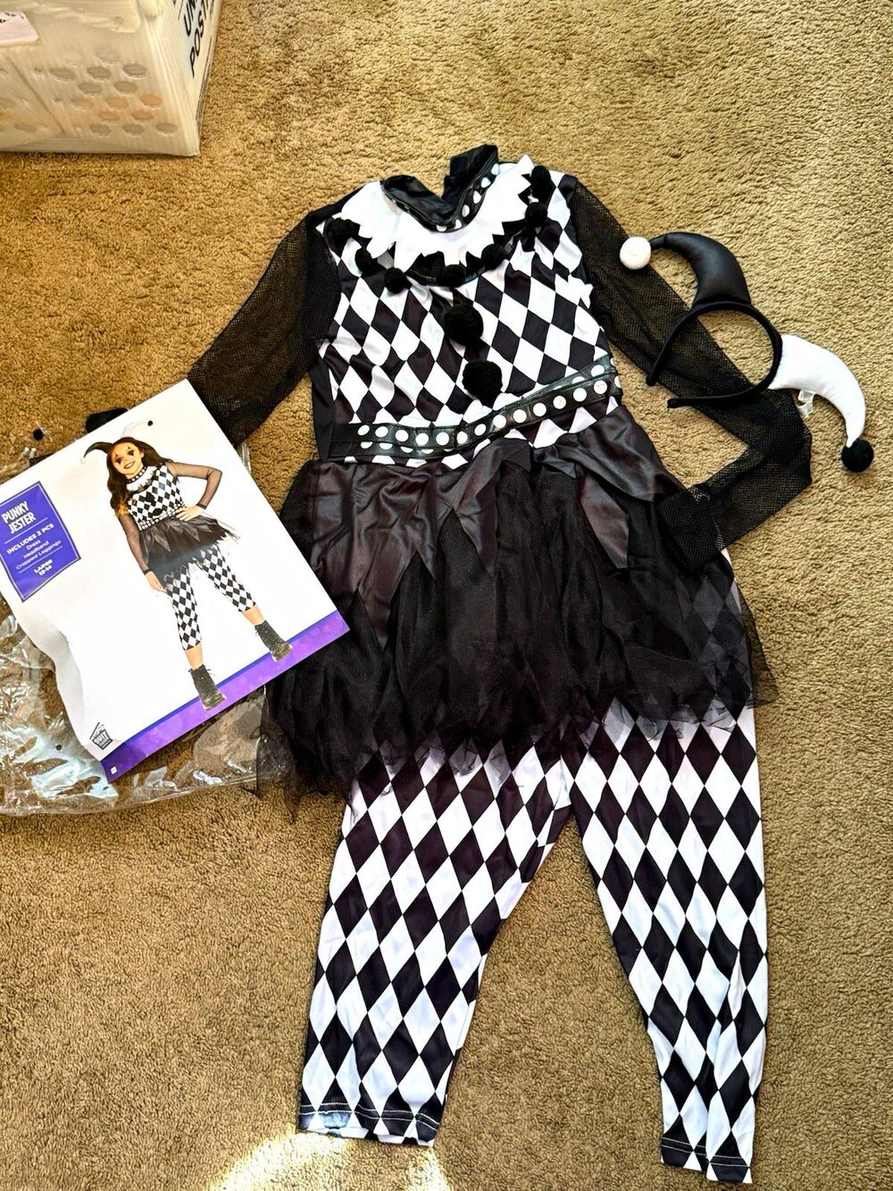 New Suit Yourself Punky Jester Girls Costume L 12-14 Black White Dress halloween